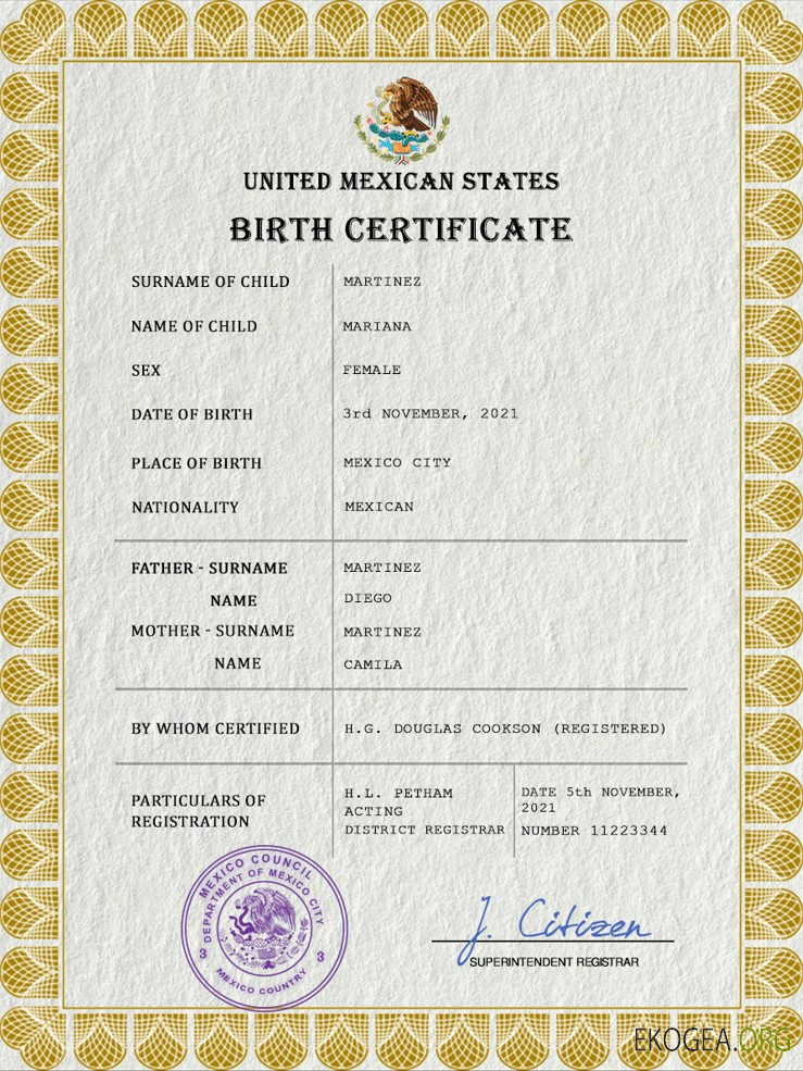 Modèle PSD de certificat de naissance de l'état civil du Mexique